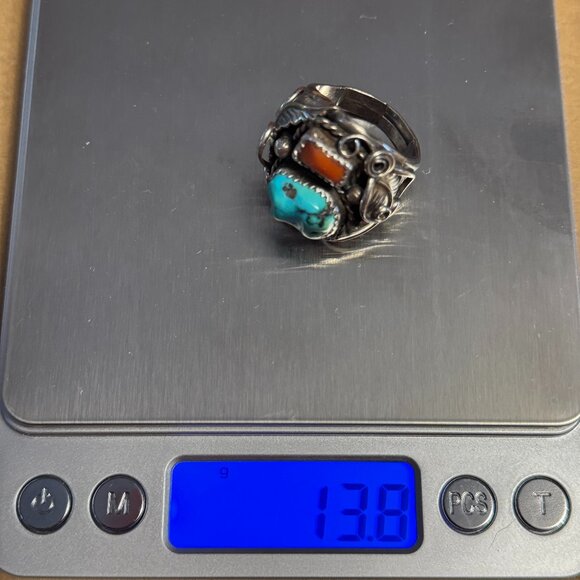 Southwest Sterling Silver Turquoise and Coral Ring 10 3/4 - Picture 4 of 6